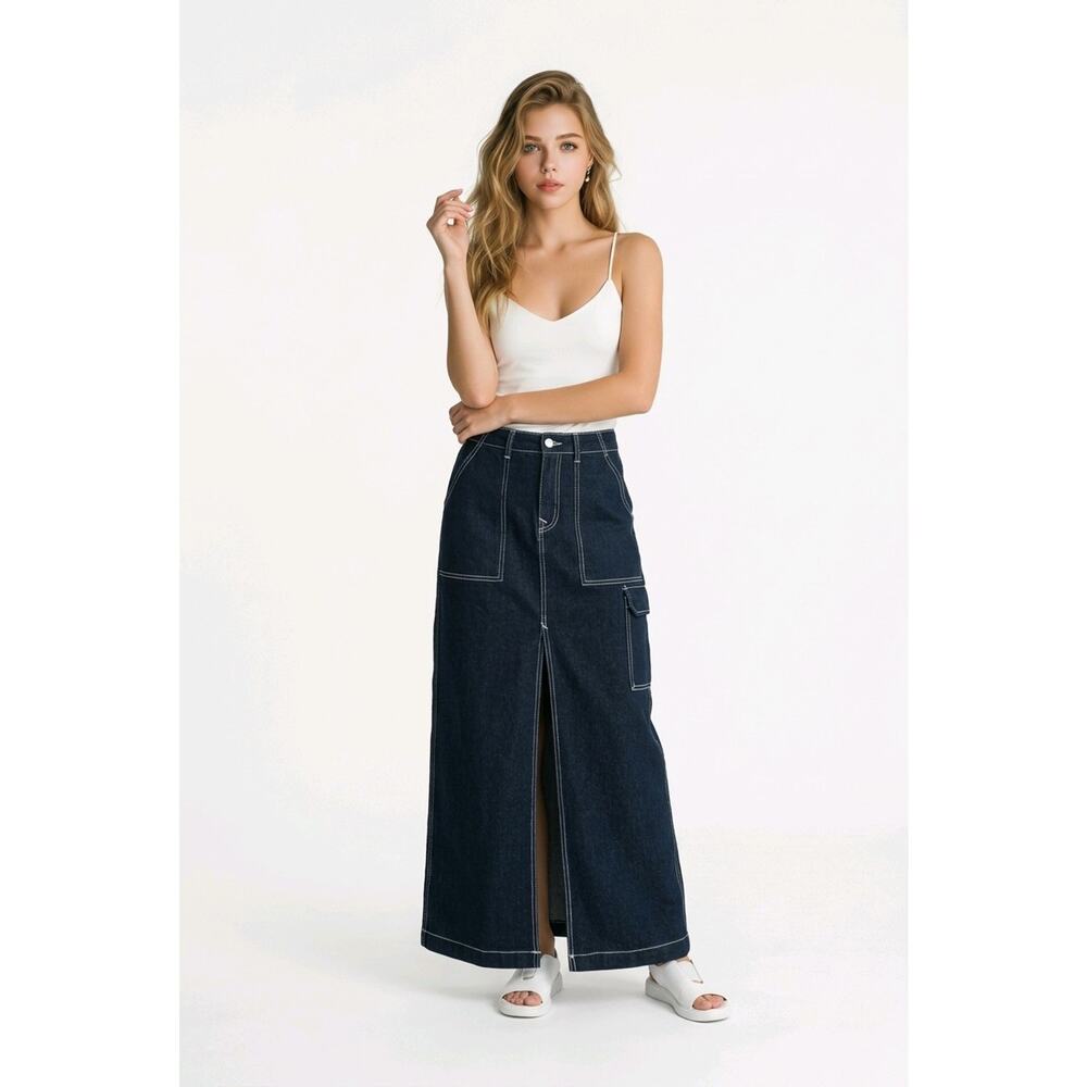 True Religion Denim Cargo Maxi Skirt Size 29 (8) Western Boho Rodeo Festival